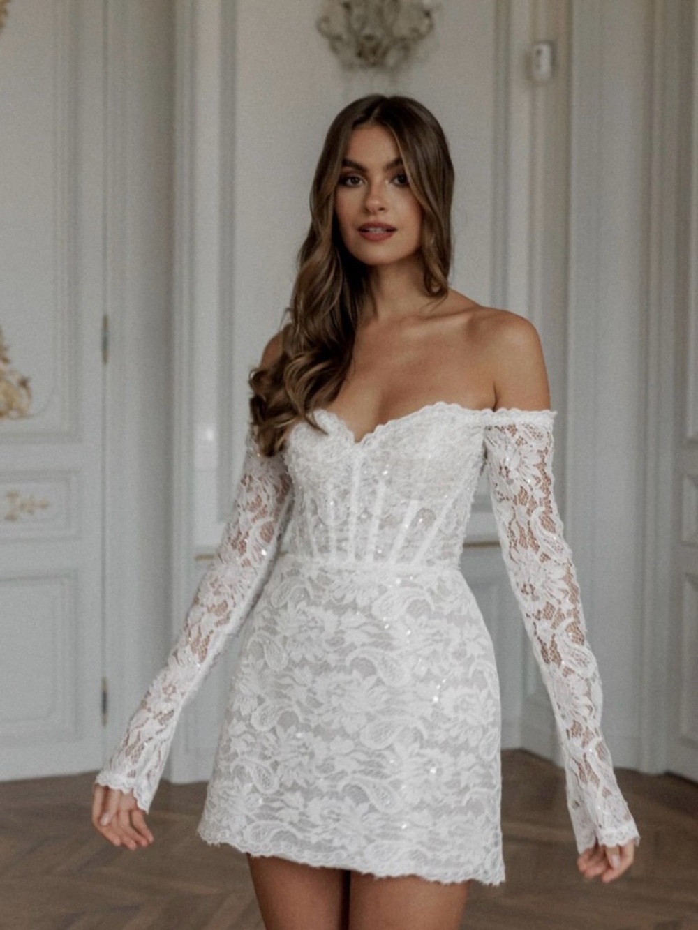 Off-Shoulder White Lace Wedding Mini Dress